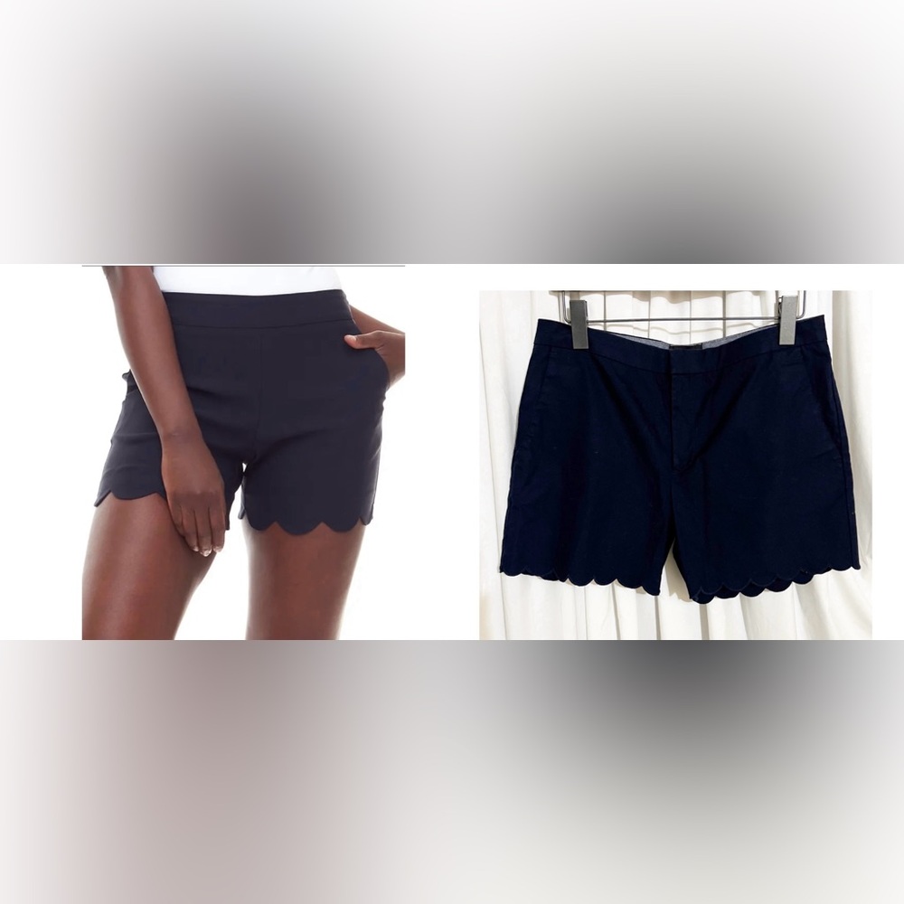 Banana Republic scallop shorts are navy blue and have a scalloped hem detail